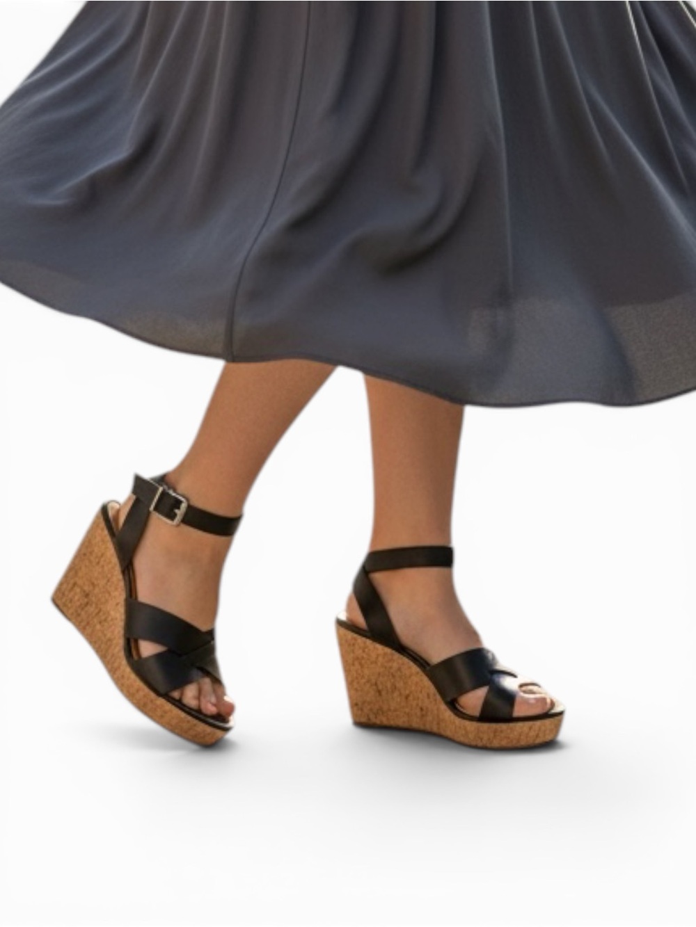 Express Black Faux Cork Ankle-Strap Wedge Sandals Size 7